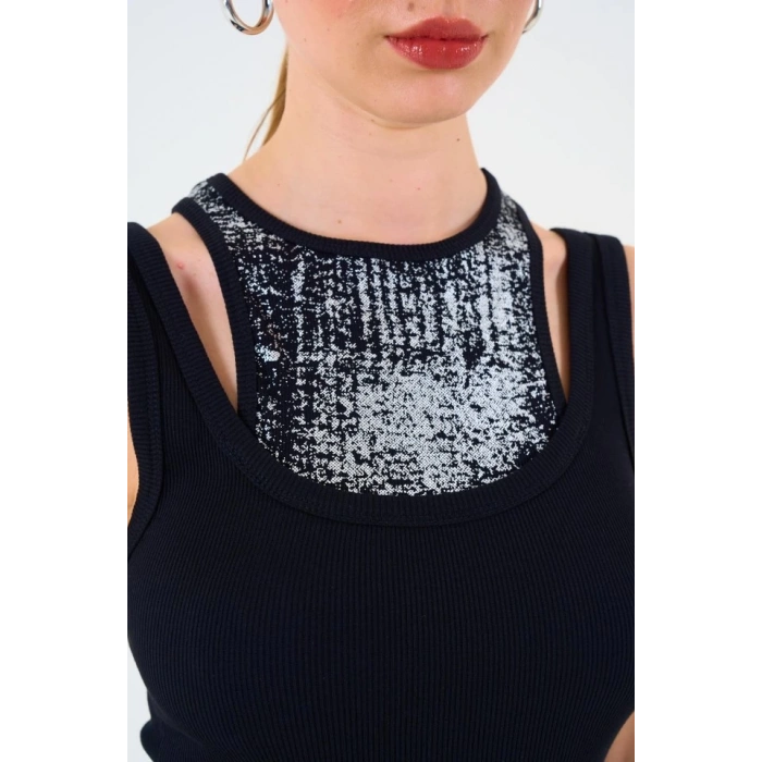 İçi Baskılı Halter Yaka Kaşkorse Atlet - Siyah