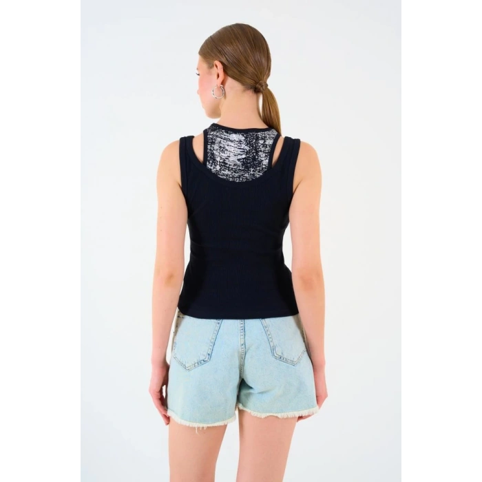 İçi Baskılı Halter Yaka Kaşkorse Atlet - Siyah