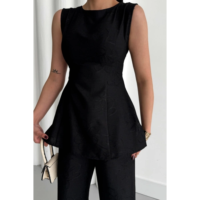 JAKAR KETEN KOLSUZ BLUZ-PANTOLON TK - Siyah