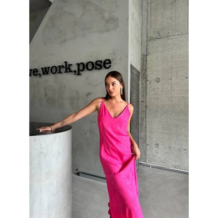 JAKARLI ASKILI SATEN ELBİSE ASİMETRİK - Pembe