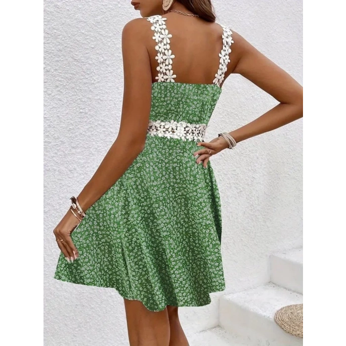 Kadın Askılı Dantel Yakalı çiçek Desenli Süprem Elbise