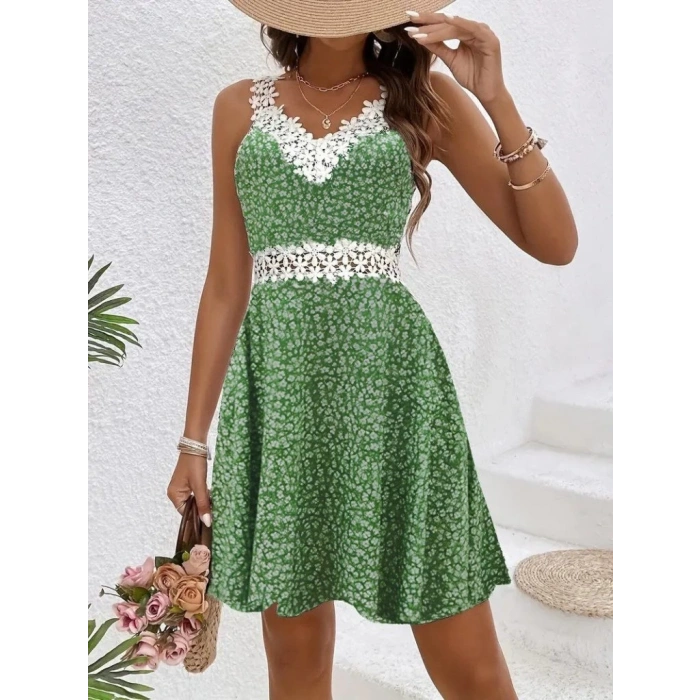 Kadın Askılı Dantel Yakalı çiçek Desenli Süprem Elbise