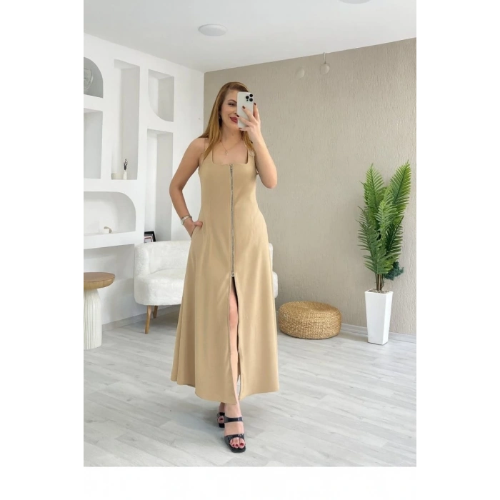 Kadın Askılı Kare Yaka önden Fermuarlı Geniş Kesim Janjan Krep Elbise