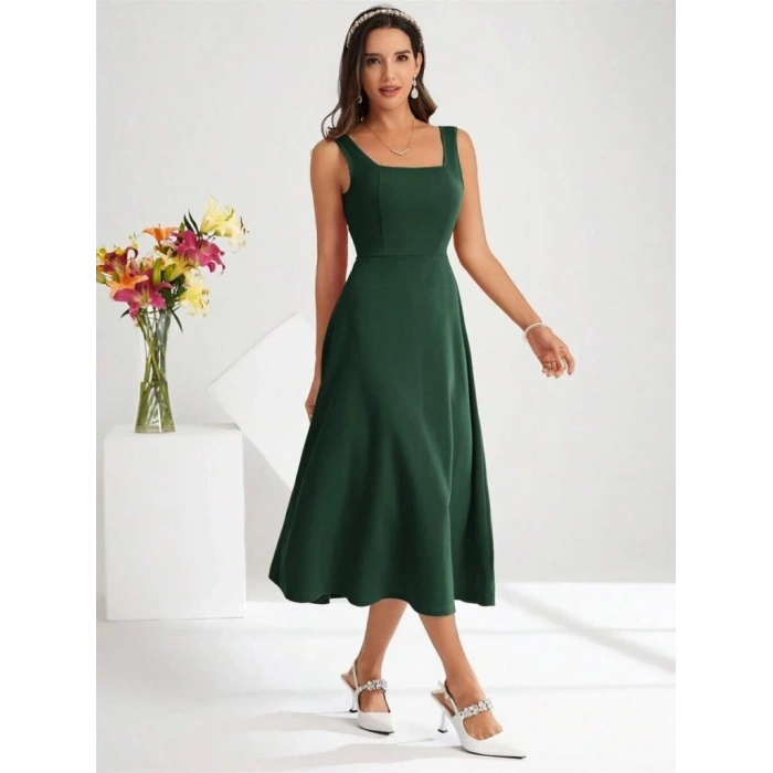 Kadın Askılı Kare Yakalı Midi Ithal Krep Elbise