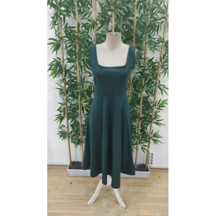 Kadın Askılı Kare Yakalı Midi Ithal Krep Elbise