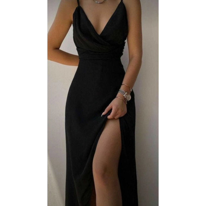 Kadın Askılı Kruvaze Yaka Derin Yırtmaçlı Krep Elbise