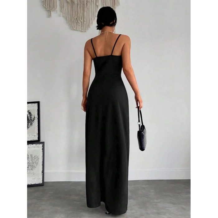 Kadın Askılı Kruvaze Yaka Derin Yırtmaçlı Krep Elbise