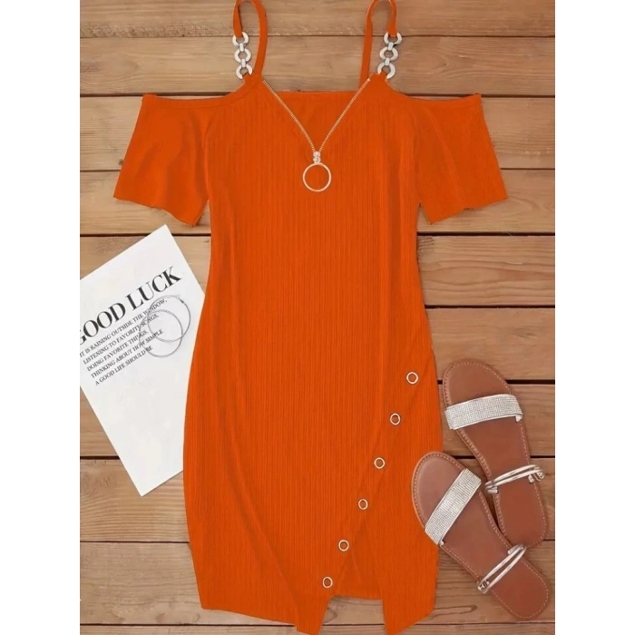 Kadın Askılı önü Fermuarlı Asimetrik Kesim Detaylı Kalın Fitilli Kaşkorse Elbise