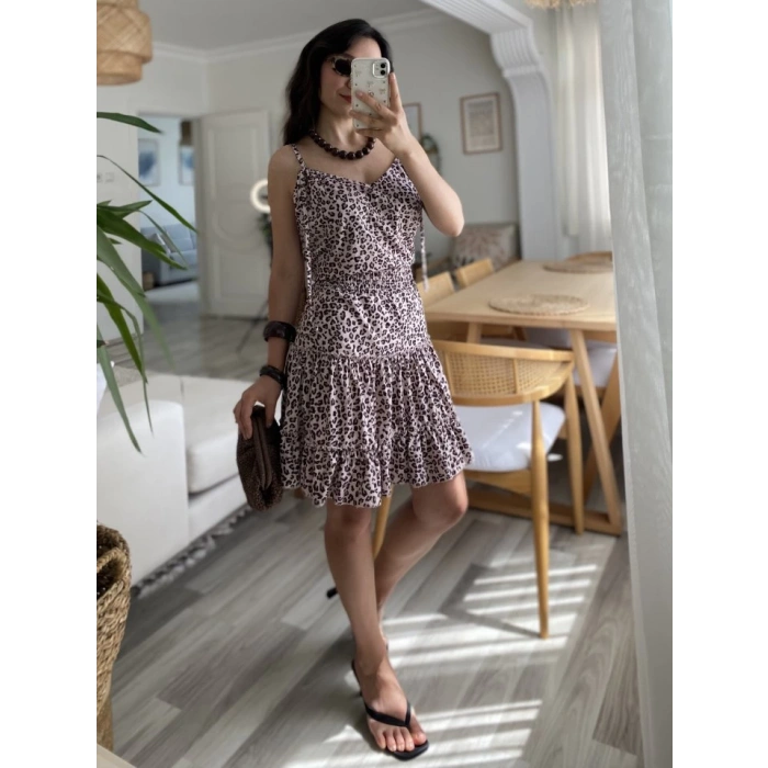 Kadın Askılı V Yaka Beli Pileli Leopar Desen Eteği Fırfırlı Süprem Elbise