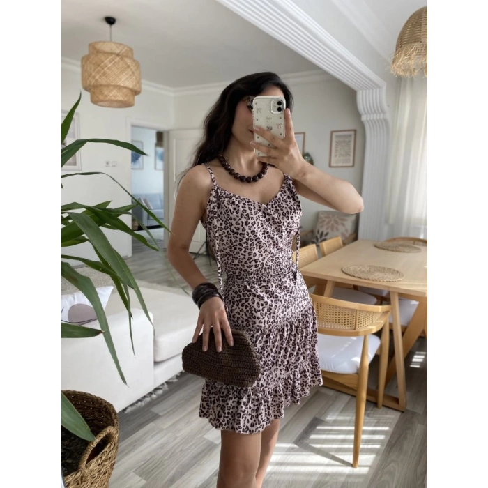 Kadın Askılı V Yaka Beli Pileli Leopar Desen Eteği Fırfırlı Süprem Elbise