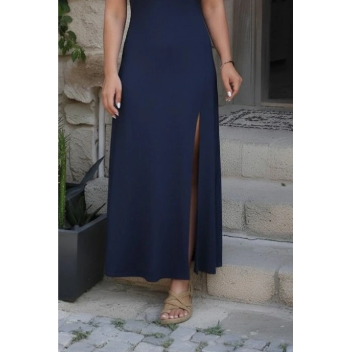 Kadın Askılı V Yakalı Yırtmaçlı Uzun Viskon Elbise