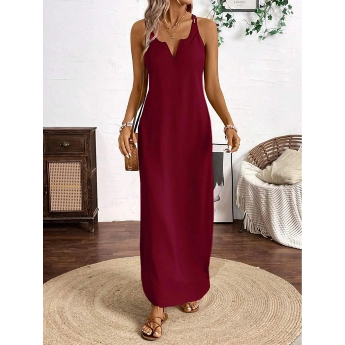 Kadın Askılı Yuvarlak Yaka Asimetrik Detaylı Viskon Elbise