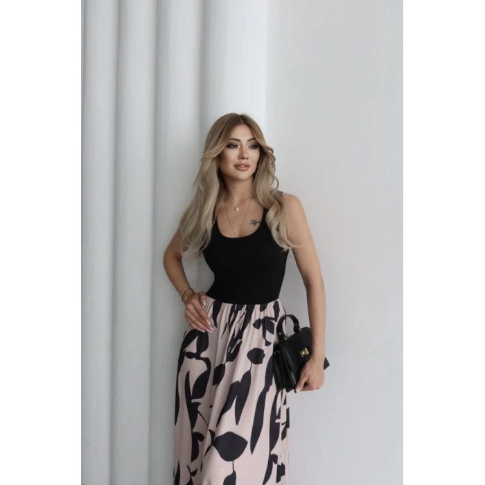 Kadın Askılı Yuvarlak Yaka üst Viskon Alt Desenli Uzun Süprem Elbise