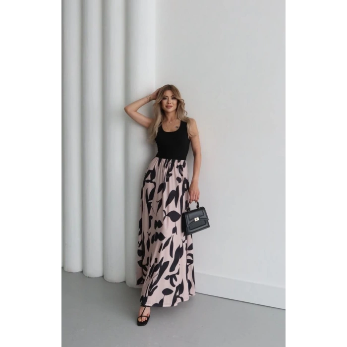 Kadın Askılı Yuvarlak Yaka üst Viskon Alt Desenli Uzun Süprem Elbise