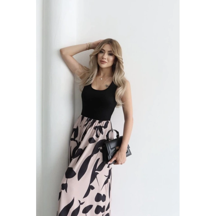 Kadın Askılı Yuvarlak Yaka üst Viskon Alt Desenli Uzun Süprem Elbise