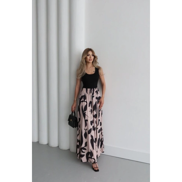 Kadın Askılı Yuvarlak Yaka üst Viskon Alt Desenli Uzun Süprem Elbise