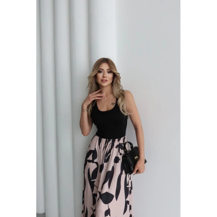 Kadın Askılı Yuvarlak Yaka üst Viskon Alt Desenli Uzun Süprem Elbise