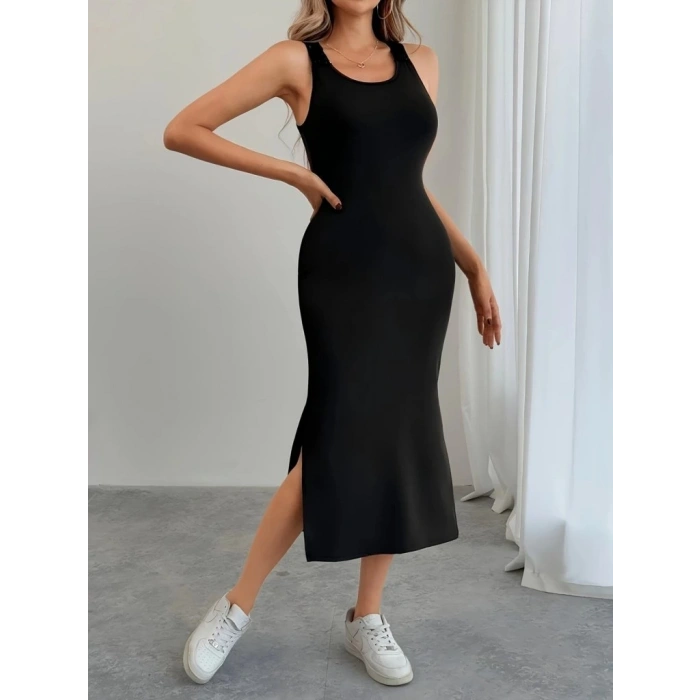 Kadın Askılı Yuvarlak Yakalı Yandan Yırtmaçlı Arkası Dantel Detaylı Viskon Elbise