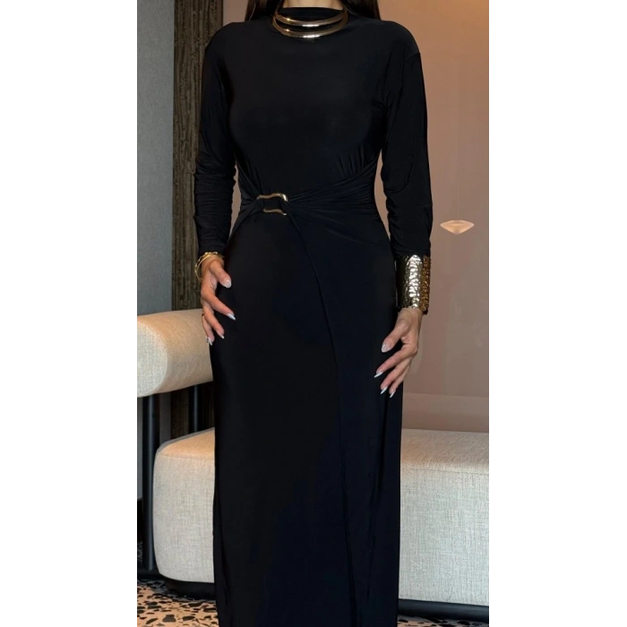 Kadın Balıkçı Yaka Toka Detay Sandy Kumaş Midi Boy Elbise