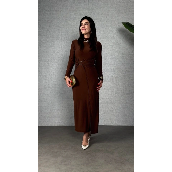 Kadın Balıkçı Yaka Toka Detay Sandy Kumaş Midi Boy Elbise