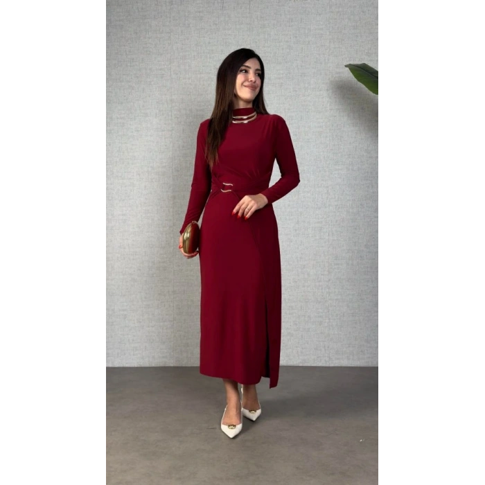 Kadın Balıkçı Yaka Toka Detay Sandy Kumaş Midi Boy Elbise