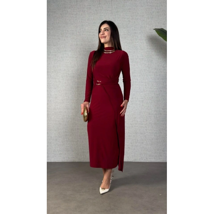 Kadın Balıkçı Yaka Toka Detay Sandy Kumaş Midi Boy Elbise