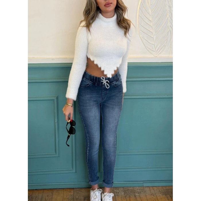 Kadın Belden Bağlamalı Cepli Yüksek Bel Kot Pantolon