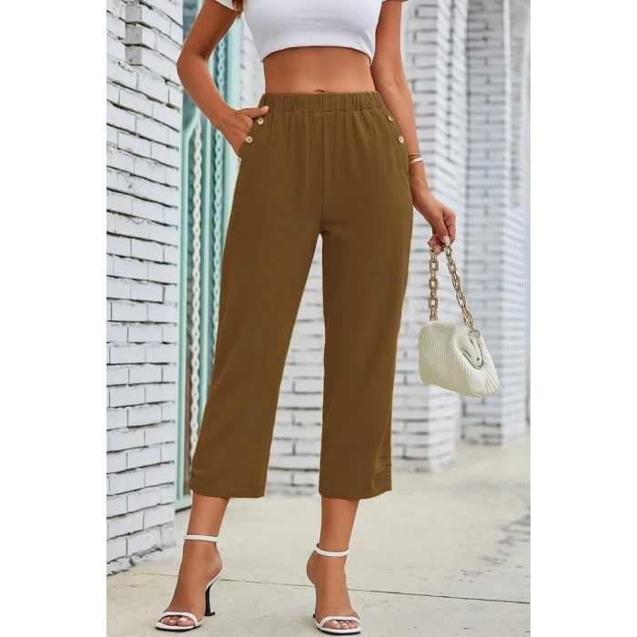 Kadın Beli Lastikli Düğme Ve Cep Detaylı Kapri Ithal Keten Pantolon