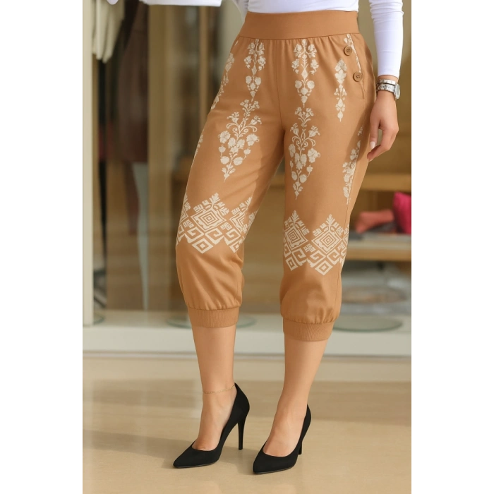 Kadın Beli Lastikli Etnik Desenli Kapri Süprem Pantolon