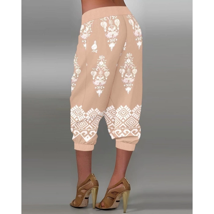 Kadın Beli Lastikli Etnik Desenli Kapri Süprem Pantolon