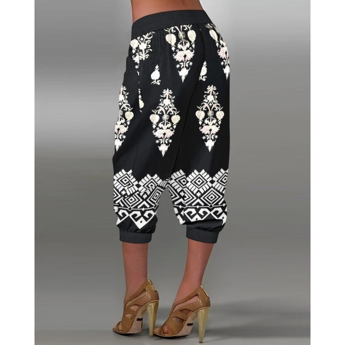 Kadın Beli Lastikli Etnik Desenli Kapri Süprem Pantolon