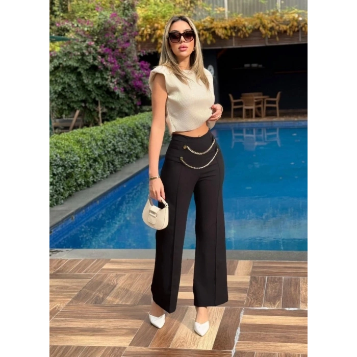 Kadın Beli Zincir Detay Ithal Krep Pantolon