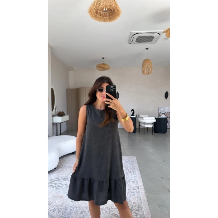 Kadın Bisiklet Yaka Eteği Volanlı Bürümcük Elbise