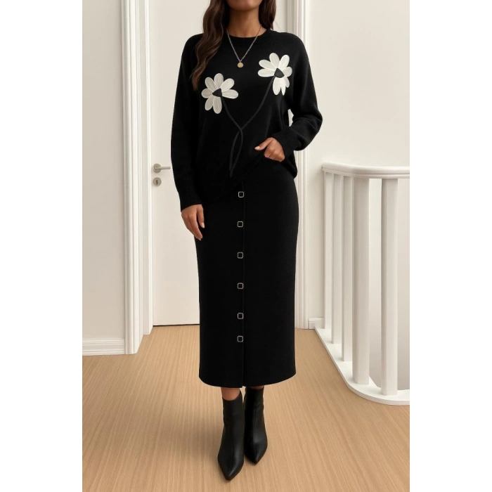 Kadın Bluz çiçek Desenli Detay Etek Düğme Detay   ıkılı Takım