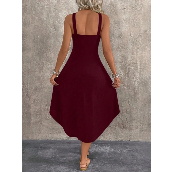 Kadın Boyundan çapraz Askılı Halka Detaylı Asimetrik Kesim Viskon Elbise