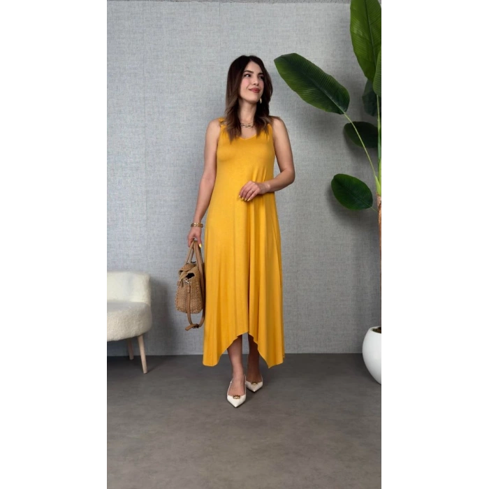 Kadın çan Dokuma Kumaş V Yaka Asimetrik Kesim Elbise