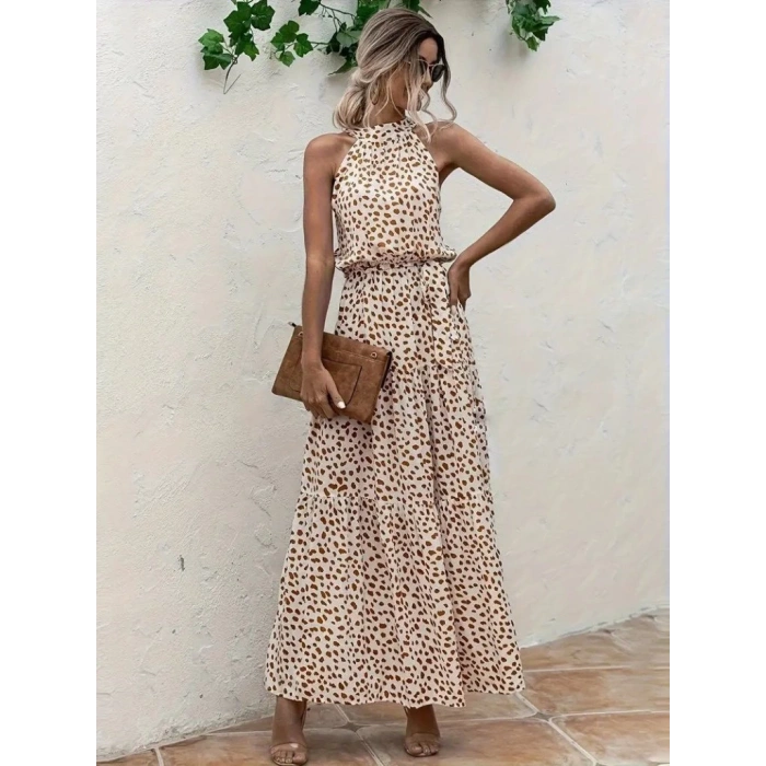 Kadın Daire Yakalı Beli Lastikli Desenli Süprem Elbise