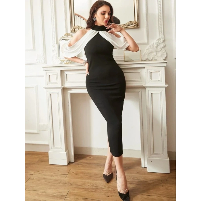 Kadın Daire Yakalı Omuzlardan Kollara Yayılan Kanat Detaylı çift Renkli Uzun Ithal Krep Elbise