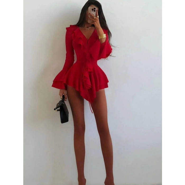 Kadın Dalgıç Kumaş Fırfırlı Elbise