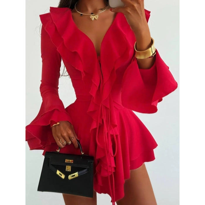 Kadın Dalgıç Kumaş Fırfırlı Elbise