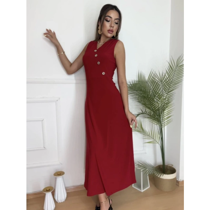 Kadın Düğme Detay Kolsuz Maxi Boy Elbise