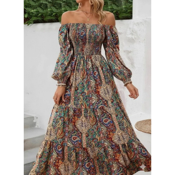 Kadın Düşük Omuzlu Beli Büzgülü Dijital Desenli Kesik Elyaf Süprem Uzun Elbise