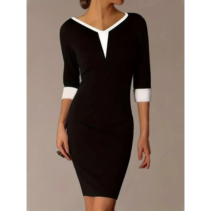 Kadın Fakir Kol V Yakalı Blok Renkli Kısa Janjan Krep Elbise