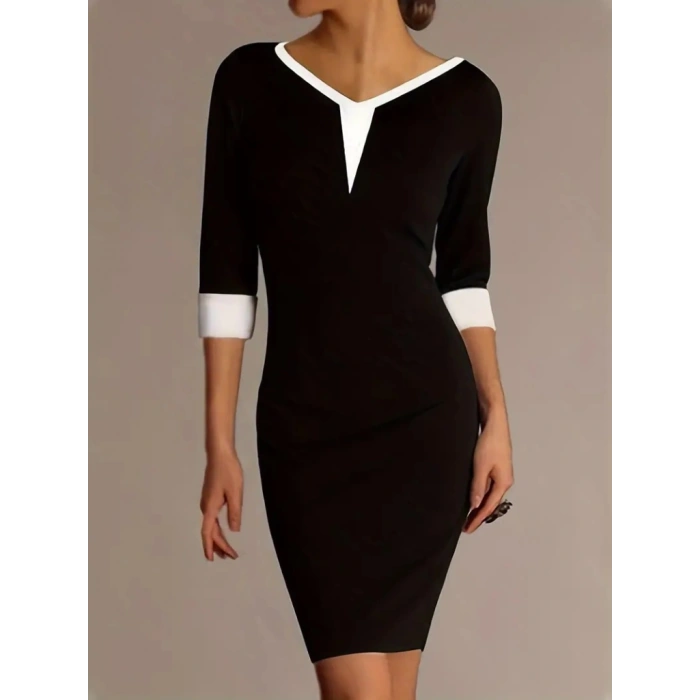 Kadın Fakir Kol V Yakalı Blok Renkli Kısa Janjan Krep Elbise