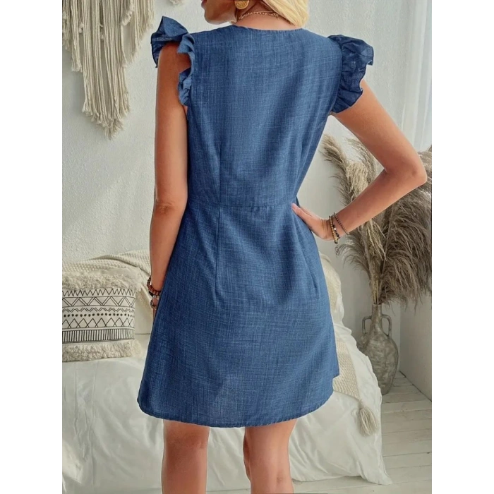 Kadın Fırfır Kollu V Yakalı Düğmeli Keten Elbise