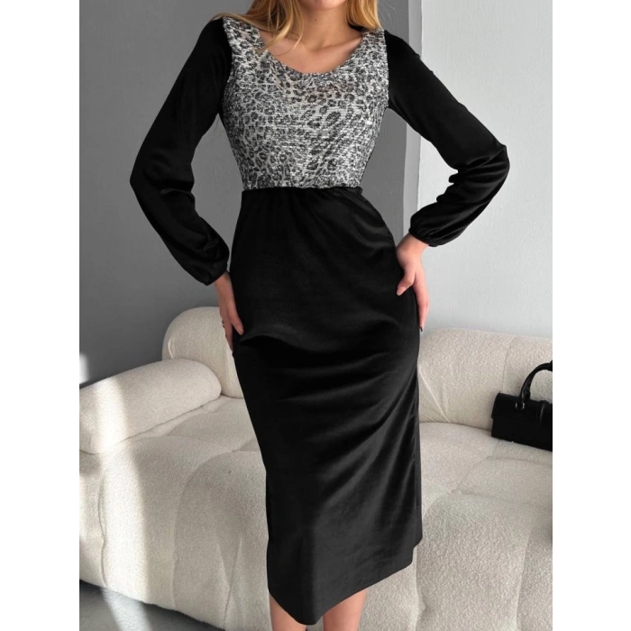 Kadın Fırsat ürünü Leopar Desen Pul Payet Işlemeli Midi Boy Kadife Kumaş Elbise