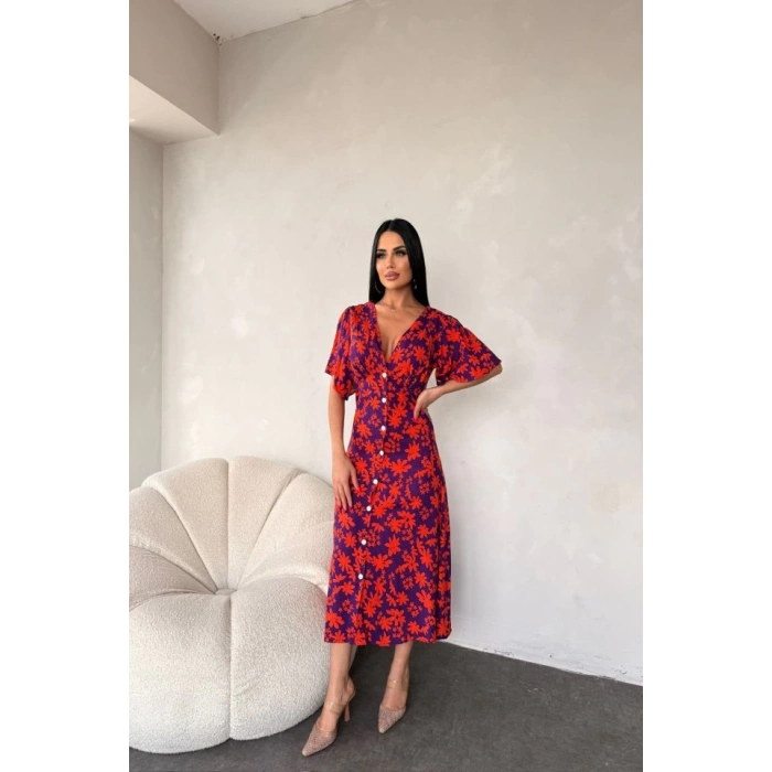 Kadın Göğüs Dekolteli Yaprak Desen Dokuma Viskon Kumaş Maxi Boy Elbise