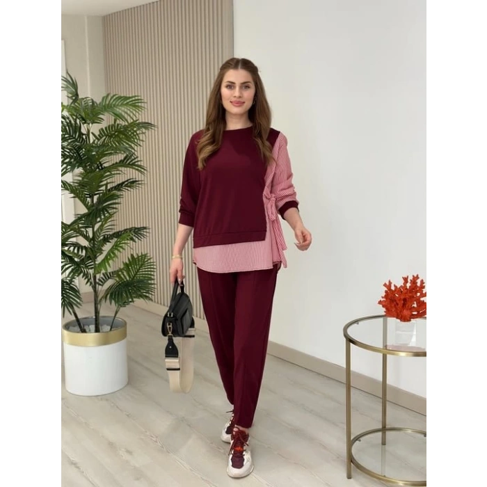 Kadın Gömlek Detay çizgili Yandan Bağlamalı Ikili Takım