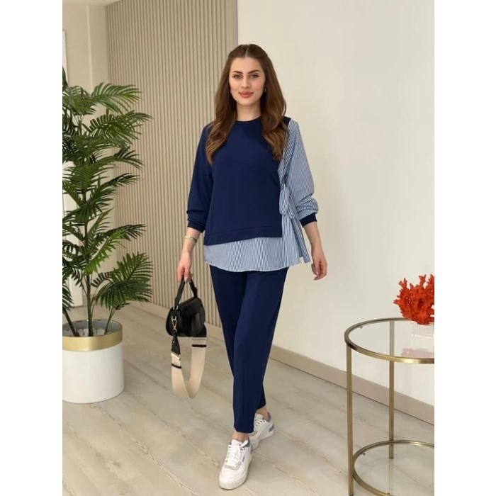 Kadın Gömlek Detay çizgili Yandan Bağlamalı Ikili Takım