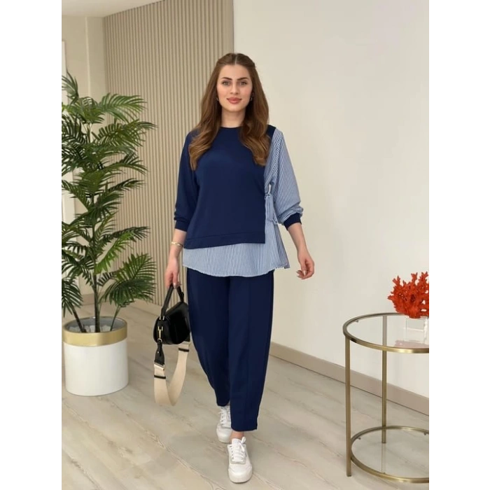 Kadın Gömlek Detay çizgili Yandan Bağlamalı Ikili Takım